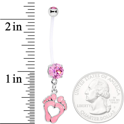 Pink CZ Gem Baby Precious Footprints Dangle Pregnancy Belly Ring