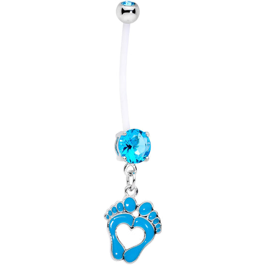 Aqua CZ Gem Baby Precious Footprints Dangle Pregnancy Belly Ring