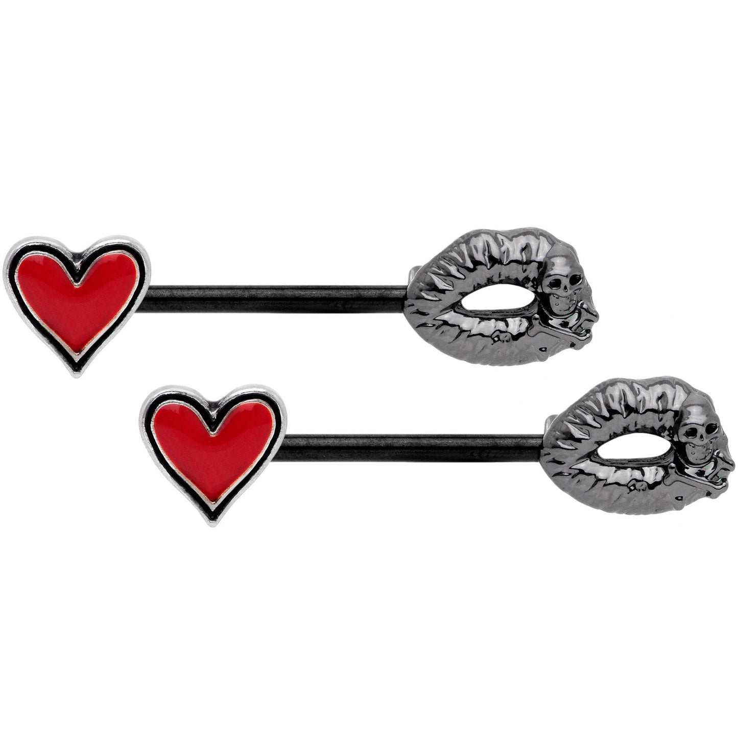 14G 9/16 Red Heart Black Kiss of Death Barbell Nipple Ring Set