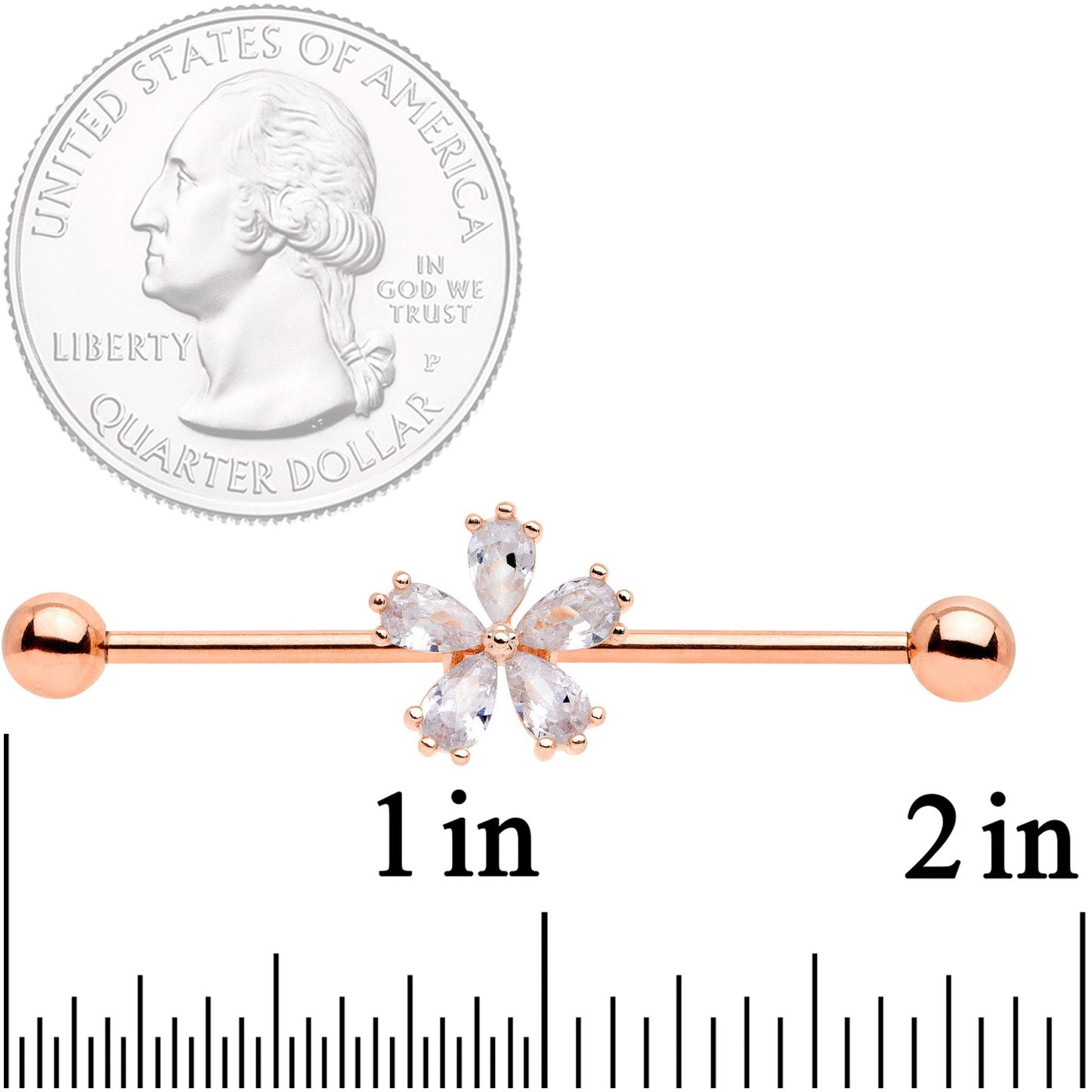 14G Clear CZ Gem Rose Gold Tone Petal Industrial Barbell 38mm