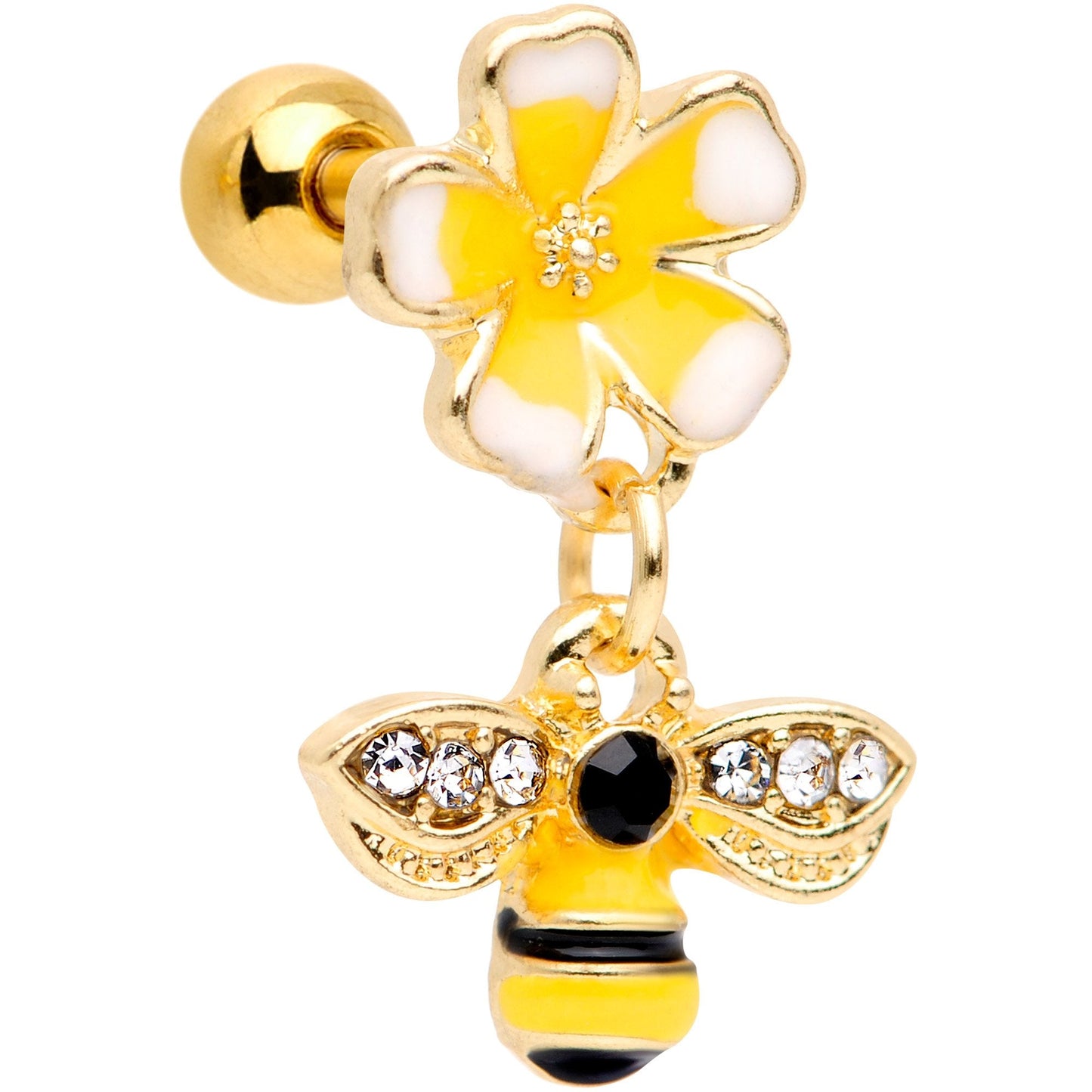 16G 1/4 Clear Black Gem Gold Tone Bee Flower Cartilage Earring