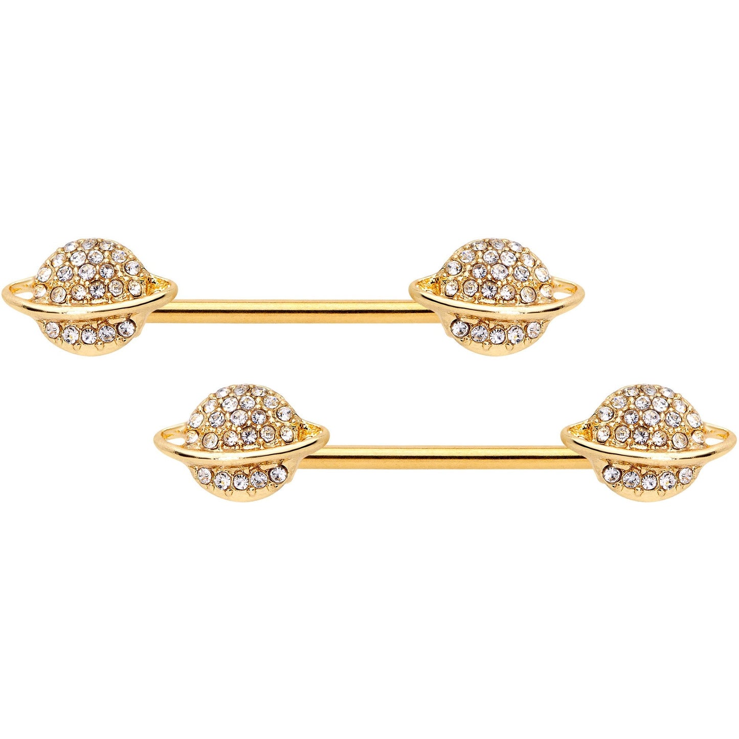 14G 9/16 Clear Gem Gold Tone Saturn Barbell Nipple Ring Set