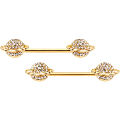14G 9/16 Clear Gem Gold Tone Saturn Barbell Nipple Ring Set