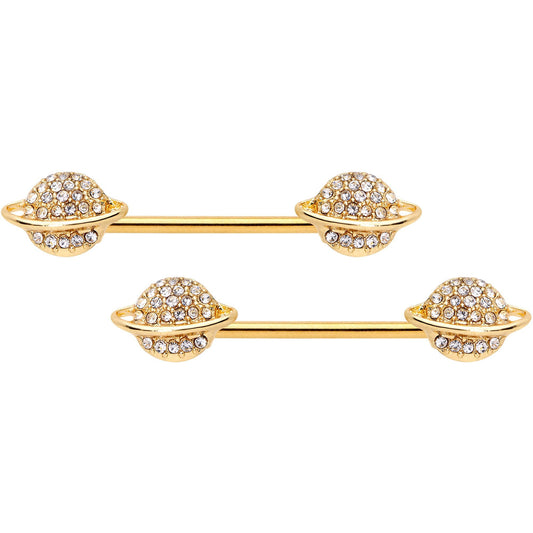 14G 9/16 Clear Gem Gold Tone Saturn Barbell Nipple Ring Set