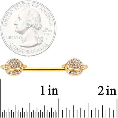 14G 9/16 Clear Gem Gold Tone Saturn Barbell Nipple Ring Set