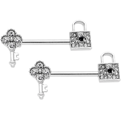 14G 9/16 Clear Gem Under Lock and Key Barbell Nipple Ring Set