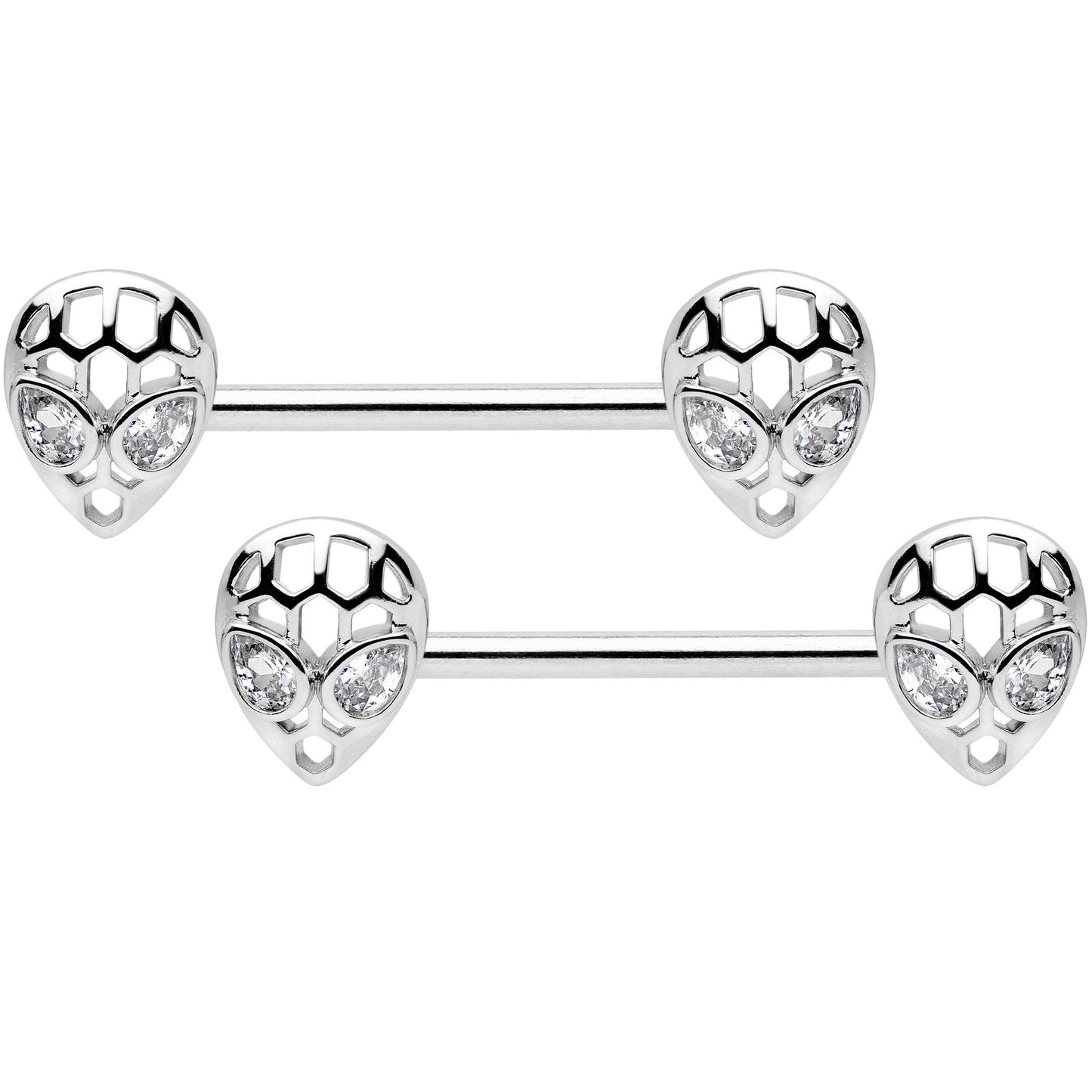 14G 9/16 Clear CZ Openwork Alien Barbell Nipple Ring Set