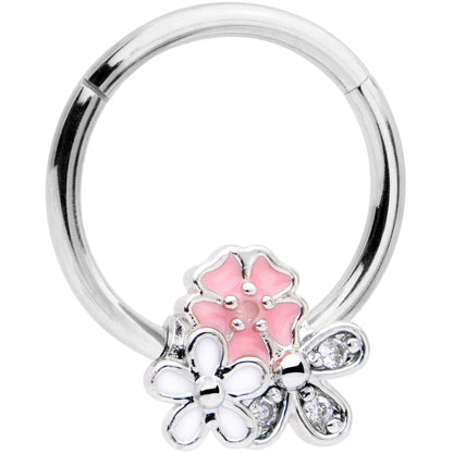 16G 3/8 Clear CZ Gem Pink White Bouquet Hinged Segment Ring