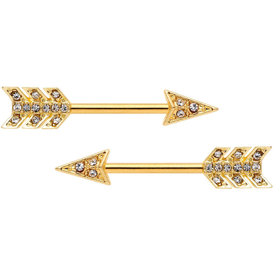 14G 9/16 Clear Gem Gold Tone Flying Arrow Barbell Nipple Ring Set