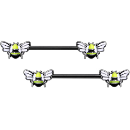 14G 9/16 Black Blissful Bumblebee Barbell Nipple Ring Set