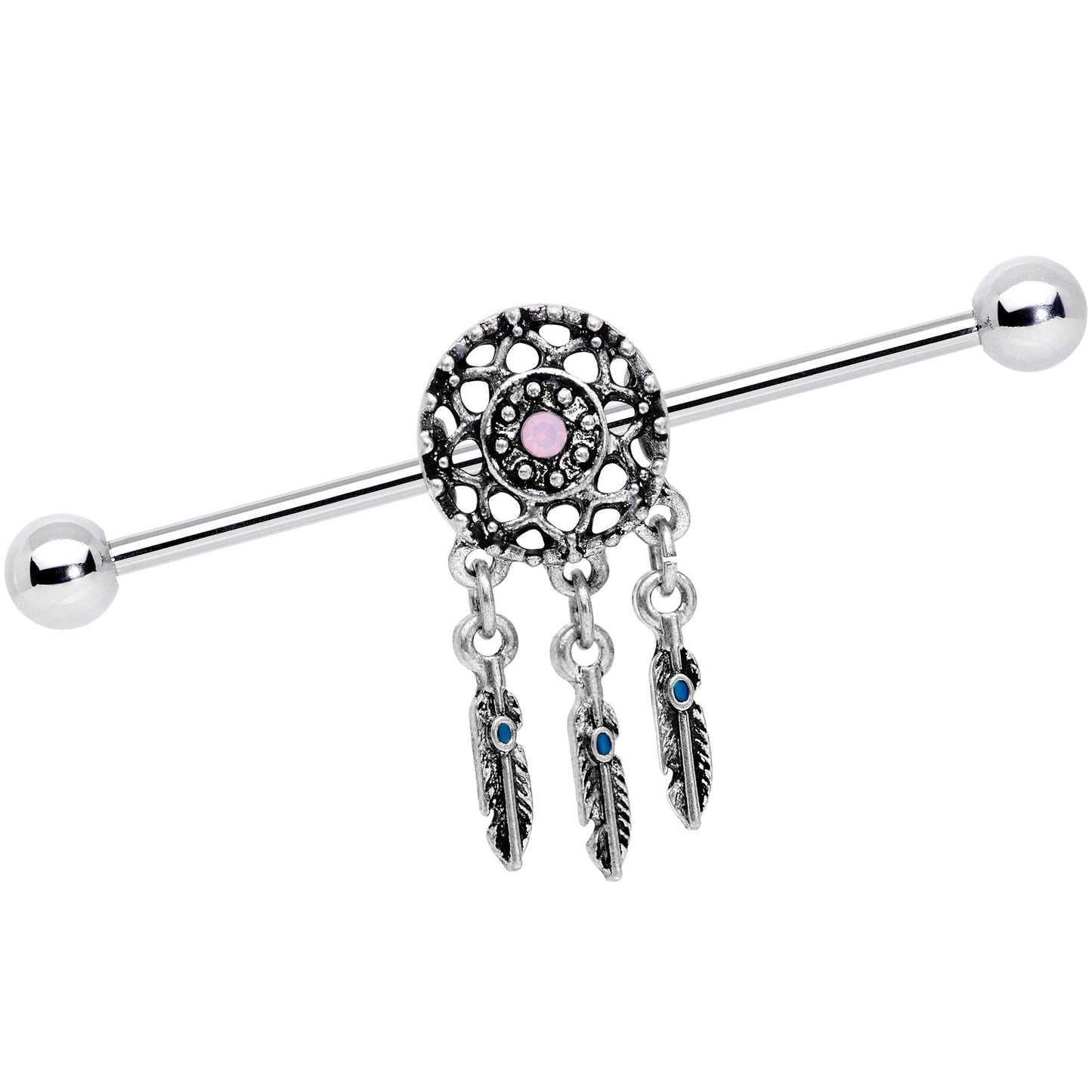 14G Pink Faux Opal Feather Dreamcatcher Dangle Industrial Barbell 38mm