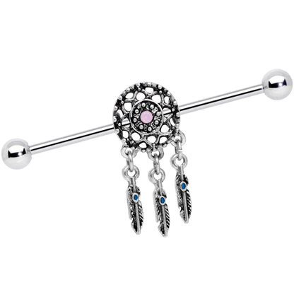 14G Pink Faux Opal Feather Dreamcatcher Dangle Industrial Barbell 38mm