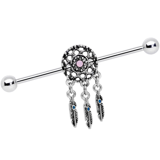 14G Pink Faux Opal Feather Dreamcatcher Dangle Industrial Barbell 38mm