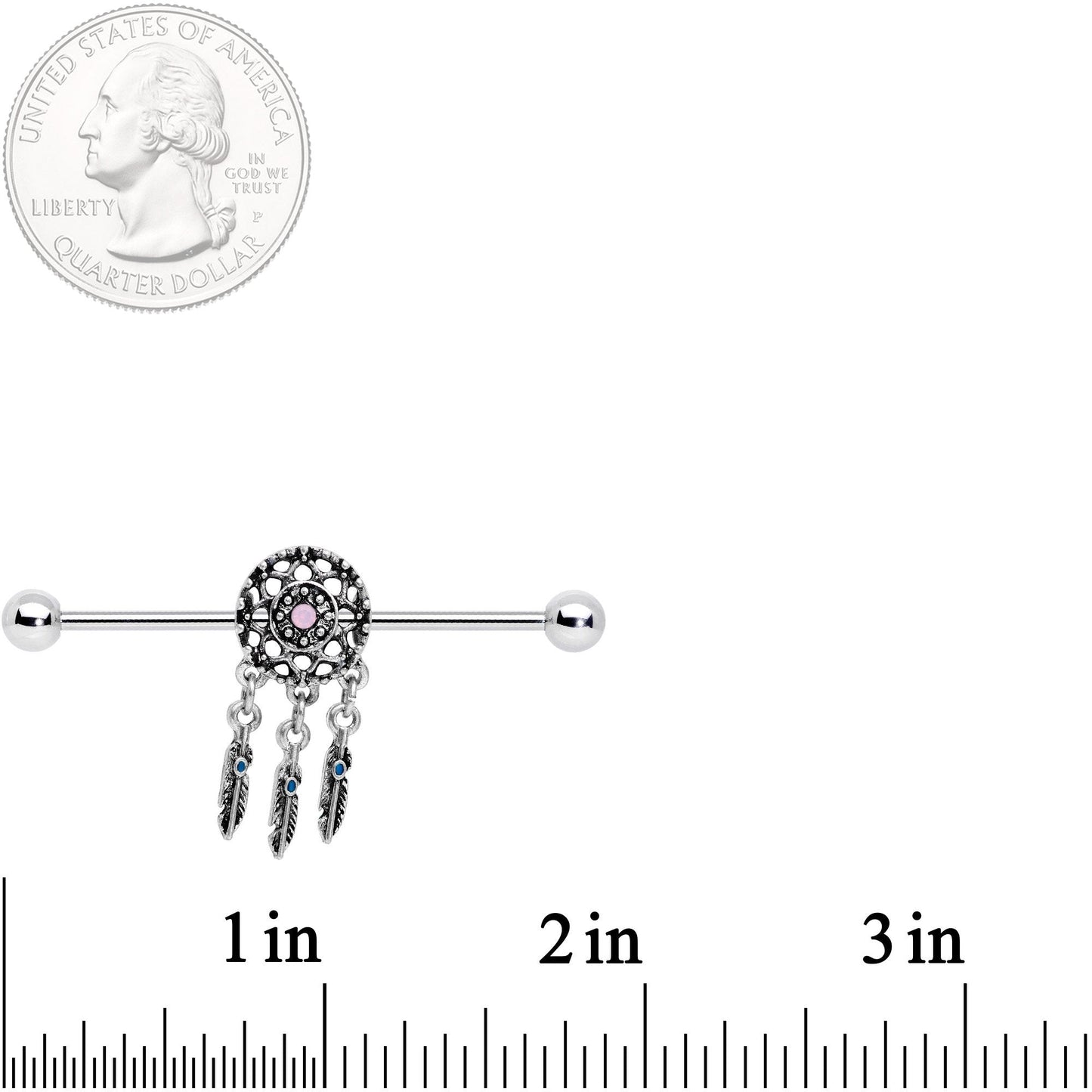 14G Pink Faux Opal Feather Dreamcatcher Dangle Industrial Barbell 38mm