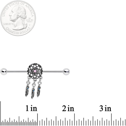 14G Pink Faux Opal Feather Dreamcatcher Dangle Industrial Barbell 38mm