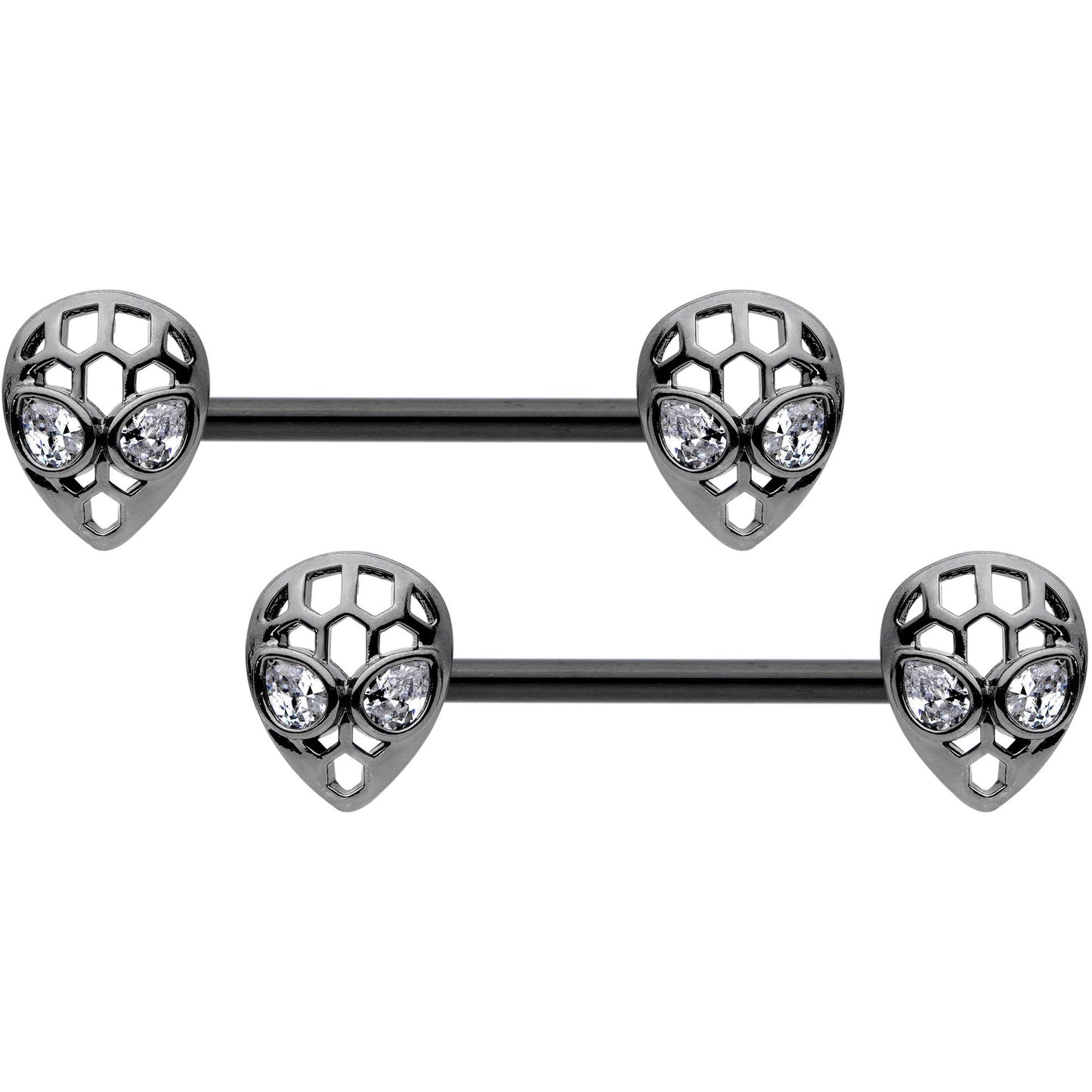 14G 9/16 Clear CZ Black Openwork Alien Barbell Nipple Ring Set