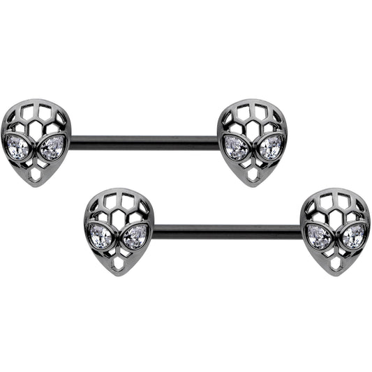 14G 9/16 Clear CZ Black Openwork Alien Barbell Nipple Ring Set