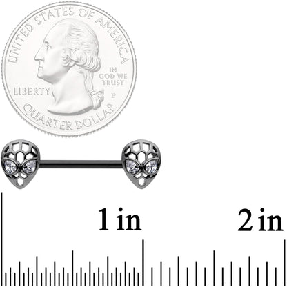 14G 9/16 Clear CZ Black Openwork Alien Barbell Nipple Ring Set