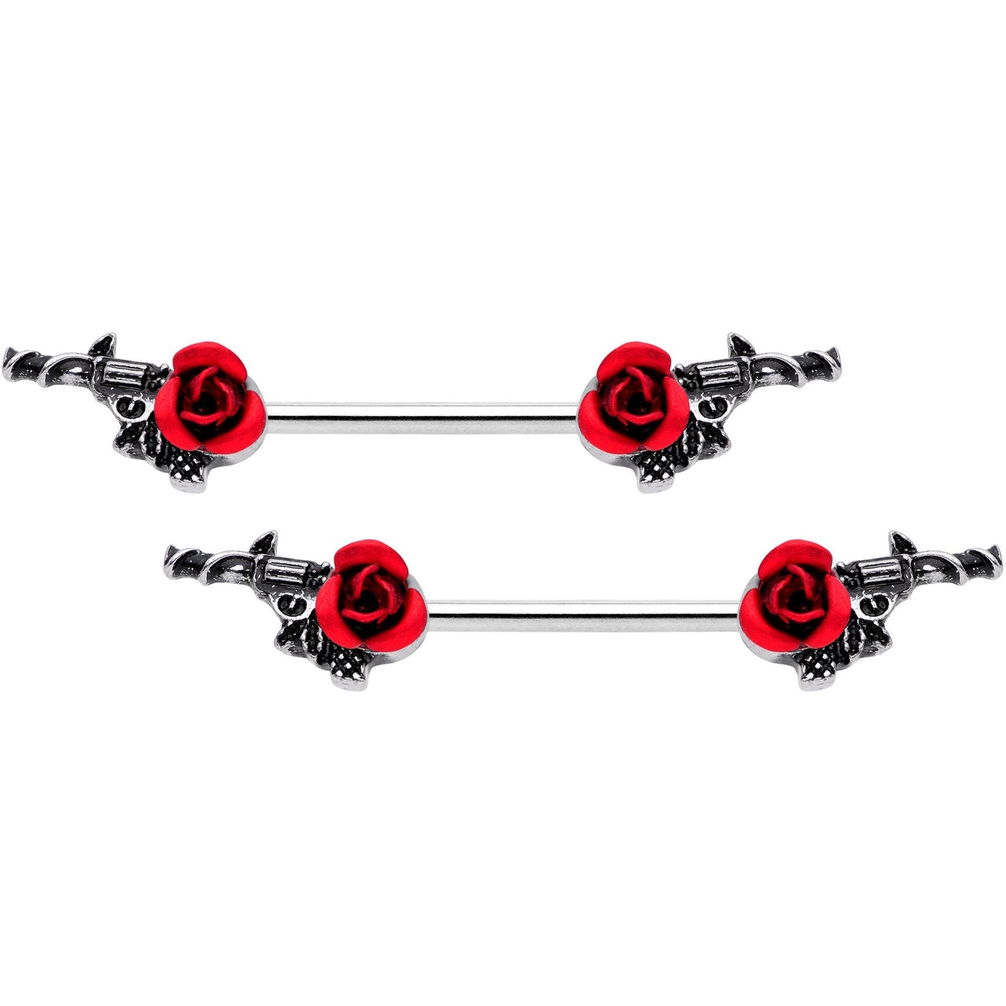 14G 9/16 Red Rose Flower and Gun Barbell Nipple Ring Set