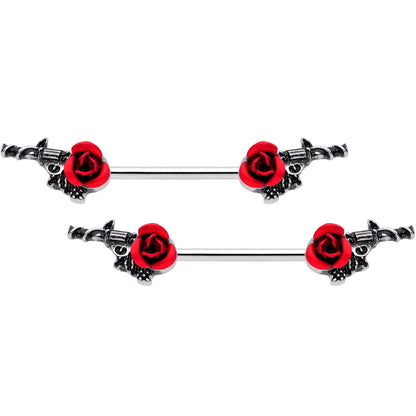 14G 9/16 Red Rose Flower and Gun Barbell Nipple Ring Set