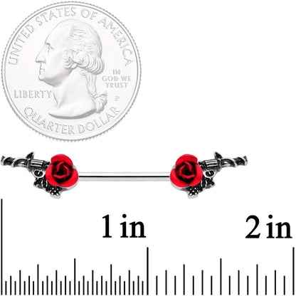 14G 9/16 Red Rose Flower and Gun Barbell Nipple Ring Set