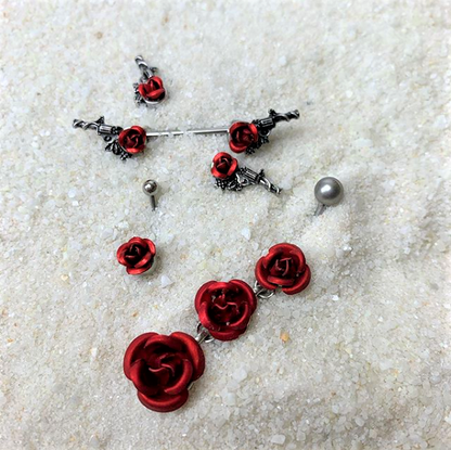 14G 9/16 Red Rose Flower and Gun Barbell Nipple Ring Set