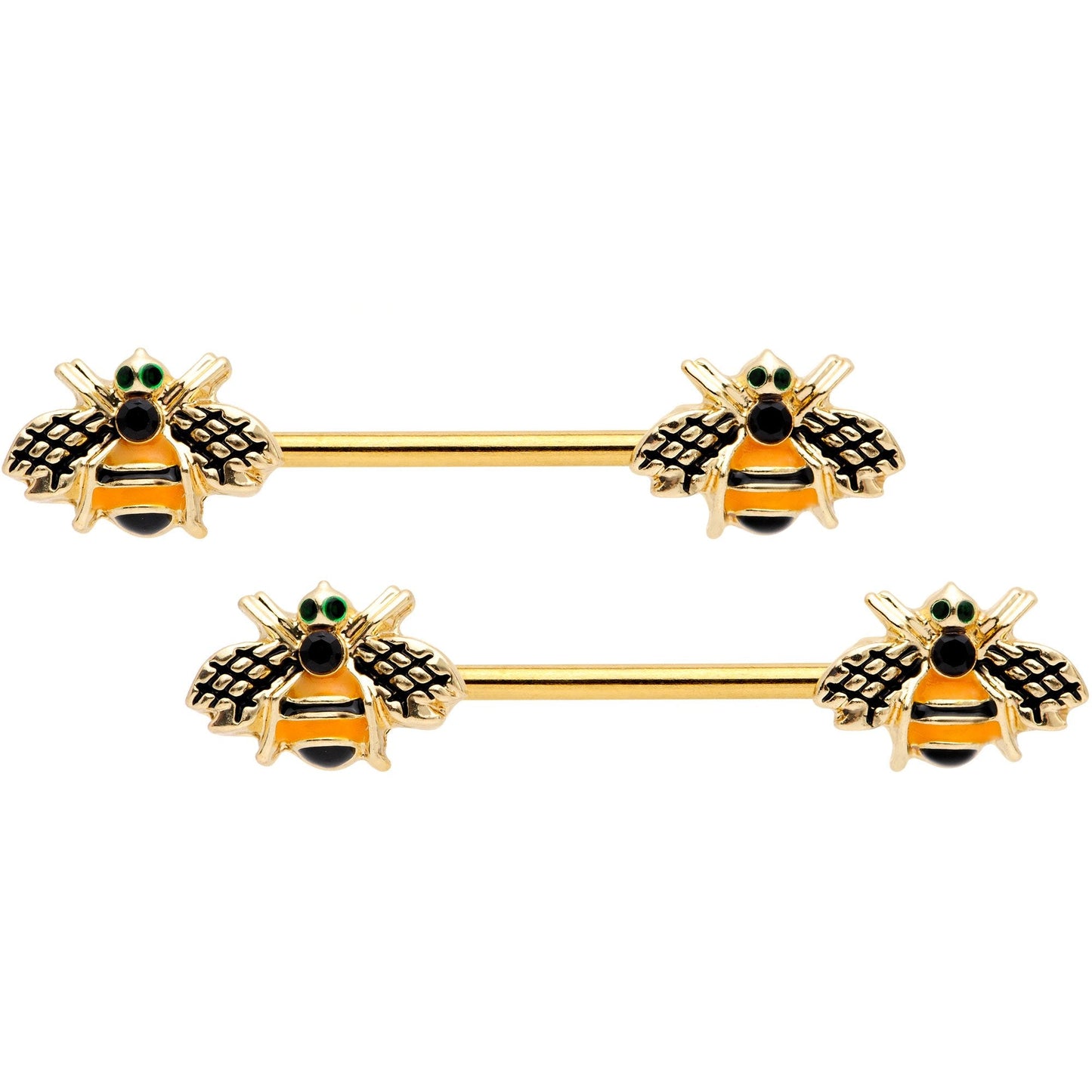 14G 9/16 Black Gem Gold Tone Bumblebees Barbell Nipple Ring Set