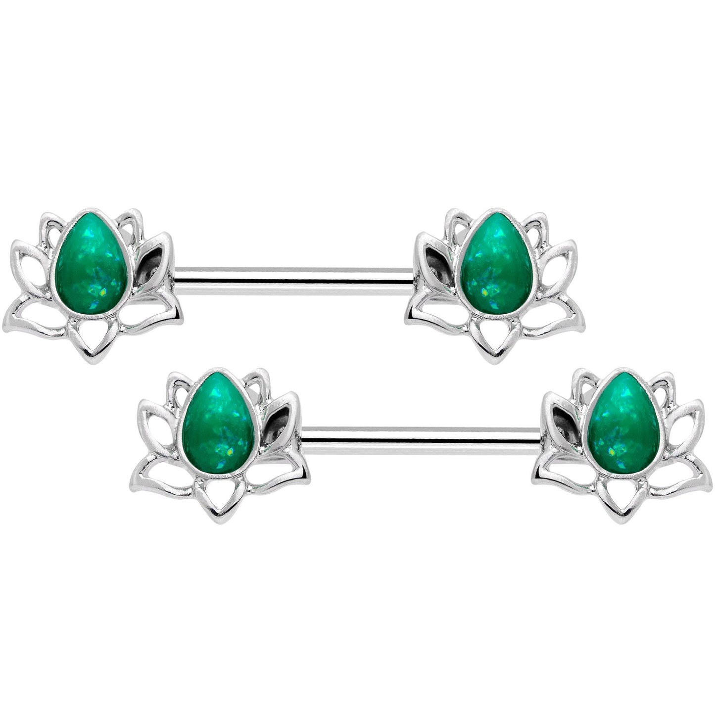 14G 9/16 Green Faux Opal Lotus Flower Barbell Nipple Ring Set
