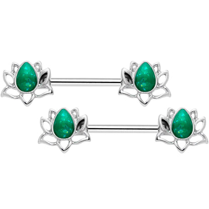 14G 9/16 Green Faux Opal Lotus Flower Barbell Nipple Ring Set