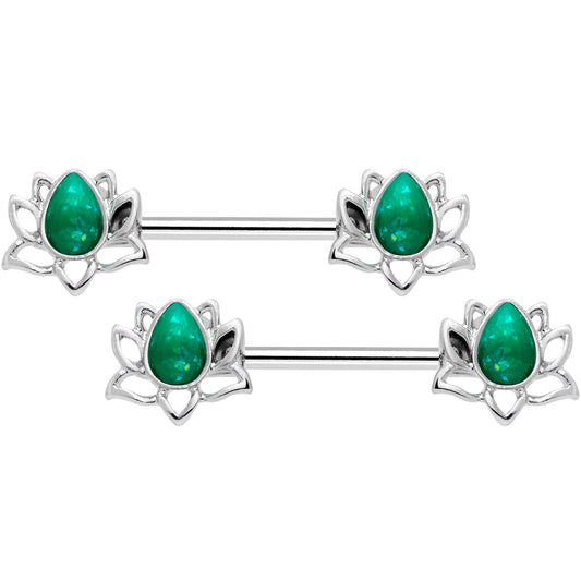 14G 9/16 Green Faux Opal Lotus Flower Barbell Nipple Ring Set