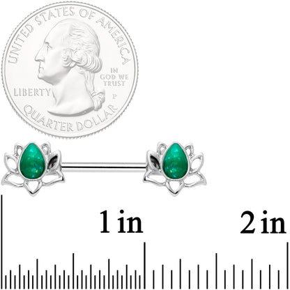 14G 9/16 Green Faux Opal Lotus Flower Barbell Nipple Ring Set