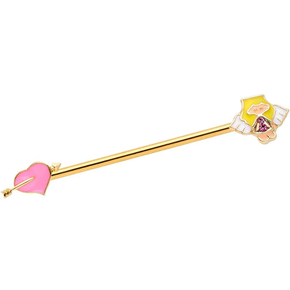 14G Pink Gem Gold Tone Cupid Industrial Barbell 38mm