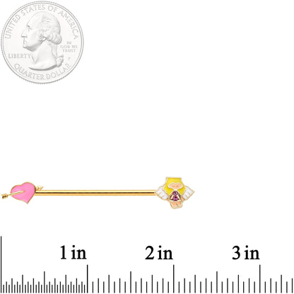 14G Pink Gem Gold Tone Cupid Industrial Barbell 38mm