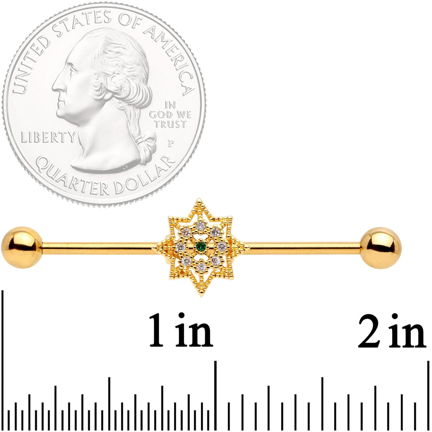 14G Clear CZ Gold Tone Elegant Industrial Barbell 38mm