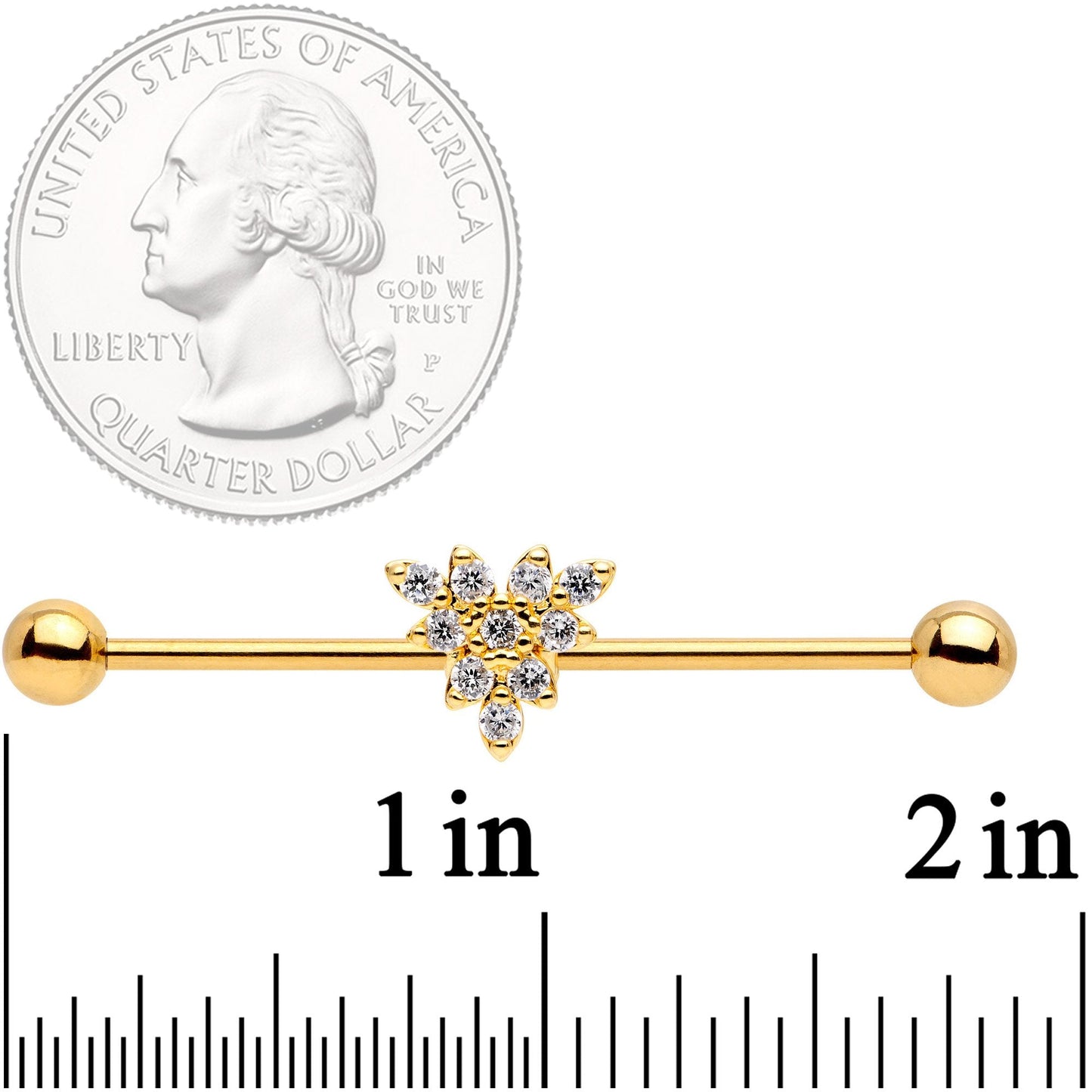 14G Clear CZ Gold Tone Triangle Industrial Barbell 38mm