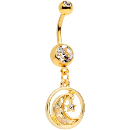 Clear Gem Gold Tone Crescent Moon Hanging Star Dangle Belly Ring