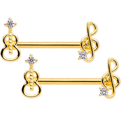 14G 9/16 Clear CZ Gold Tone Music Lover Barbell Nipple Ring Set