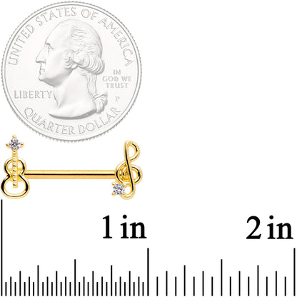 14G 9/16 Clear CZ Gold Tone Music Lover Barbell Nipple Ring Set