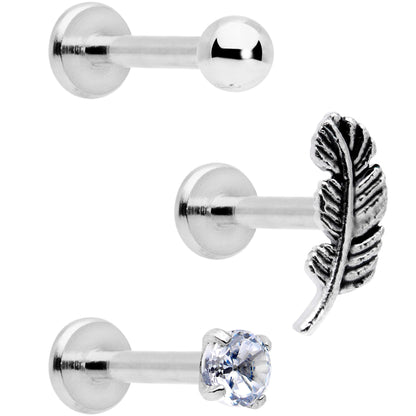 16G 5/16 Clear Gem Feather Internally Threaded Labret Set of 3
