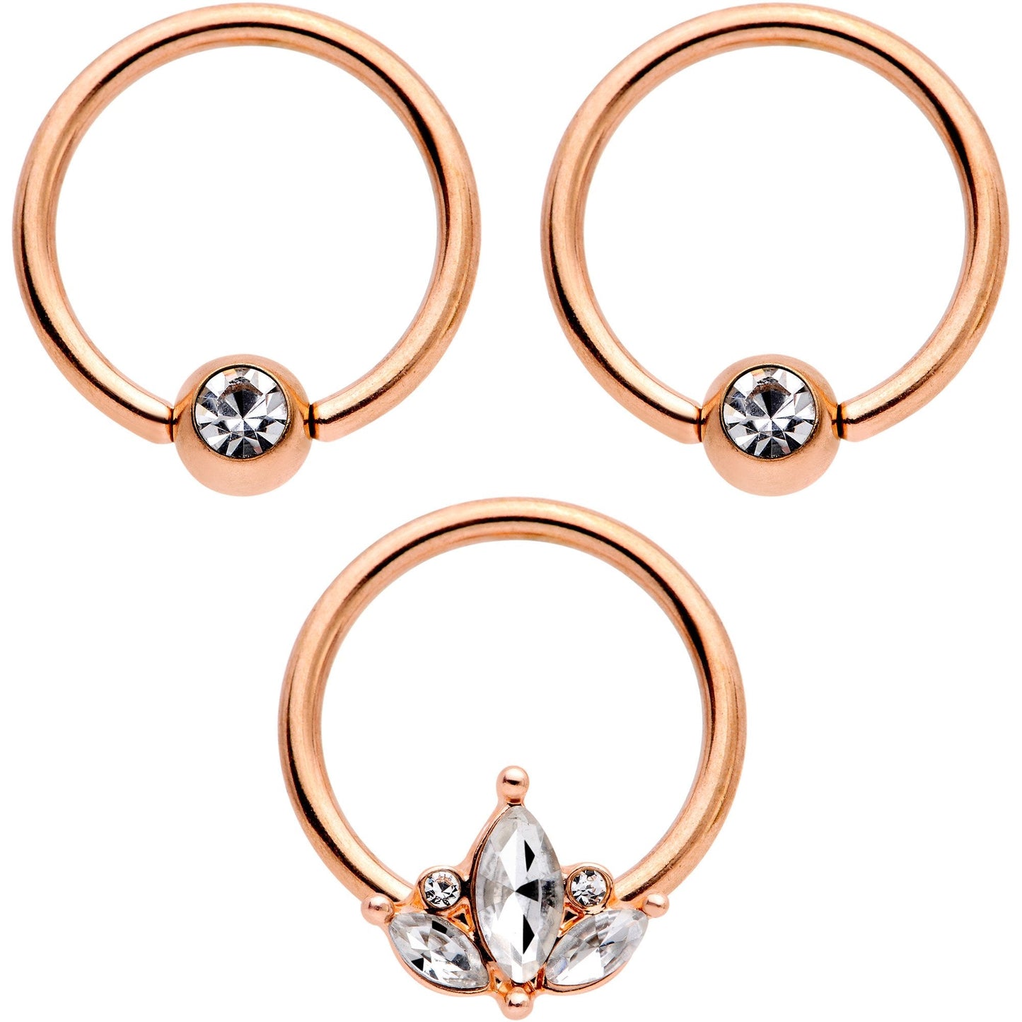 14G 0.51 inch Clear CZ Rose Gold Tone Crest BCR Captive Ring Set of 3
