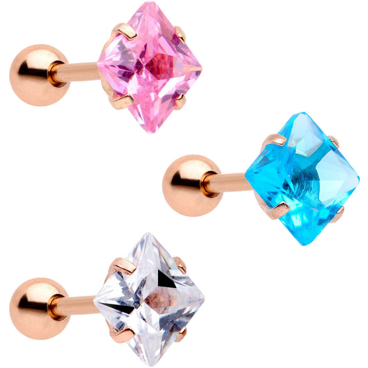 16G 1/4 Color CZ Gem Rose Gold Tone Cartilage Tragus Set of 3