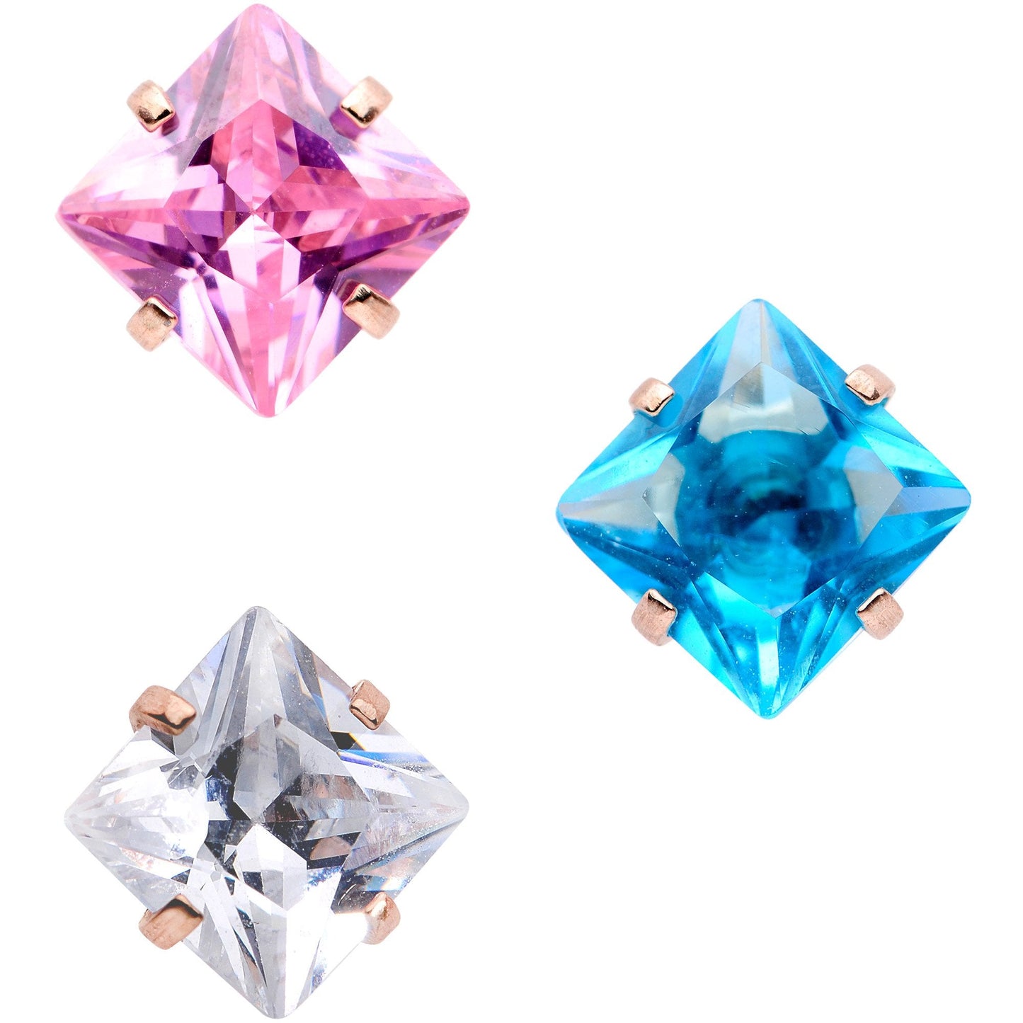 16G 1/4 Color CZ Gem Rose Gold Tone Cartilage Tragus Set of 3