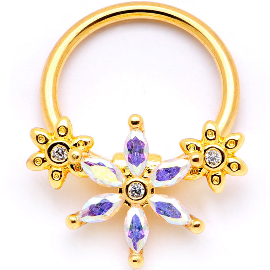 16G 3/8 Aurora CZ Gem Gold Tone Flower BCR Captive Ring