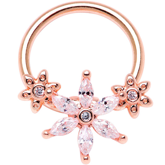 16G 3/8 Clear CZ Gem Rose Gold Tone Flower BCR Captive Ring