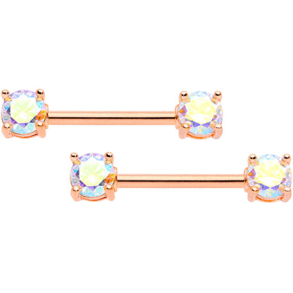 14G 9/16 Aurora CZ Gem Rose Gold Tone Barbell Nipple Ring Set