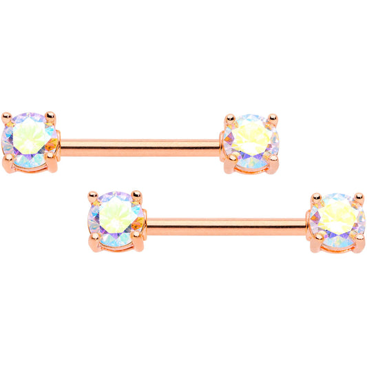 14G 9/16 Aurora CZ Gem Rose Gold Tone Barbell Nipple Ring Set
