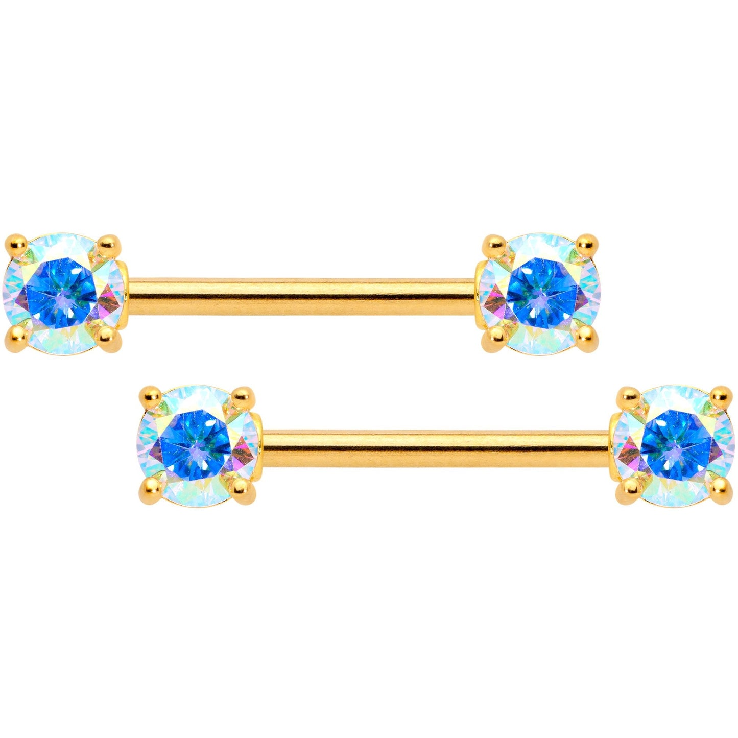 14G 9/16 Aurora CZ Gem Gold Tone Barbell Nipple Ring Set