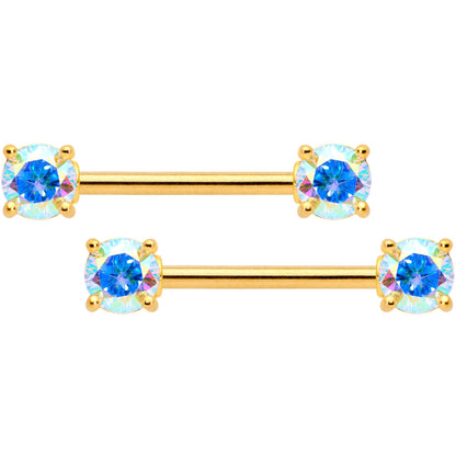 14G 9/16 Aurora CZ Gem Gold Tone Barbell Nipple Ring Set