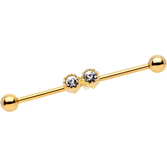 14G Clear Gem Gold Tone Double Drama Industrial Barbell 38mm