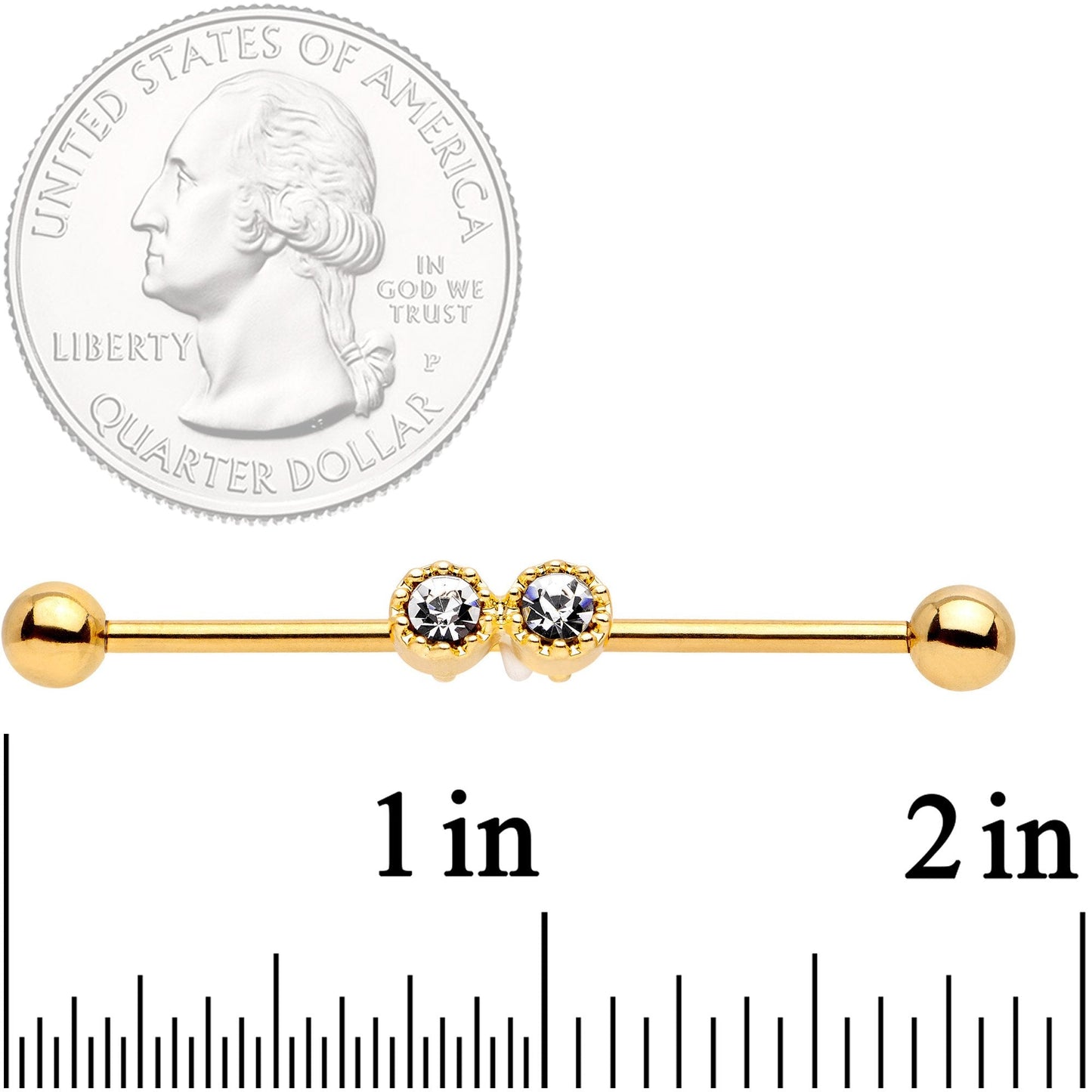 14G Clear Gem Gold Tone Double Drama Industrial Barbell 38mm